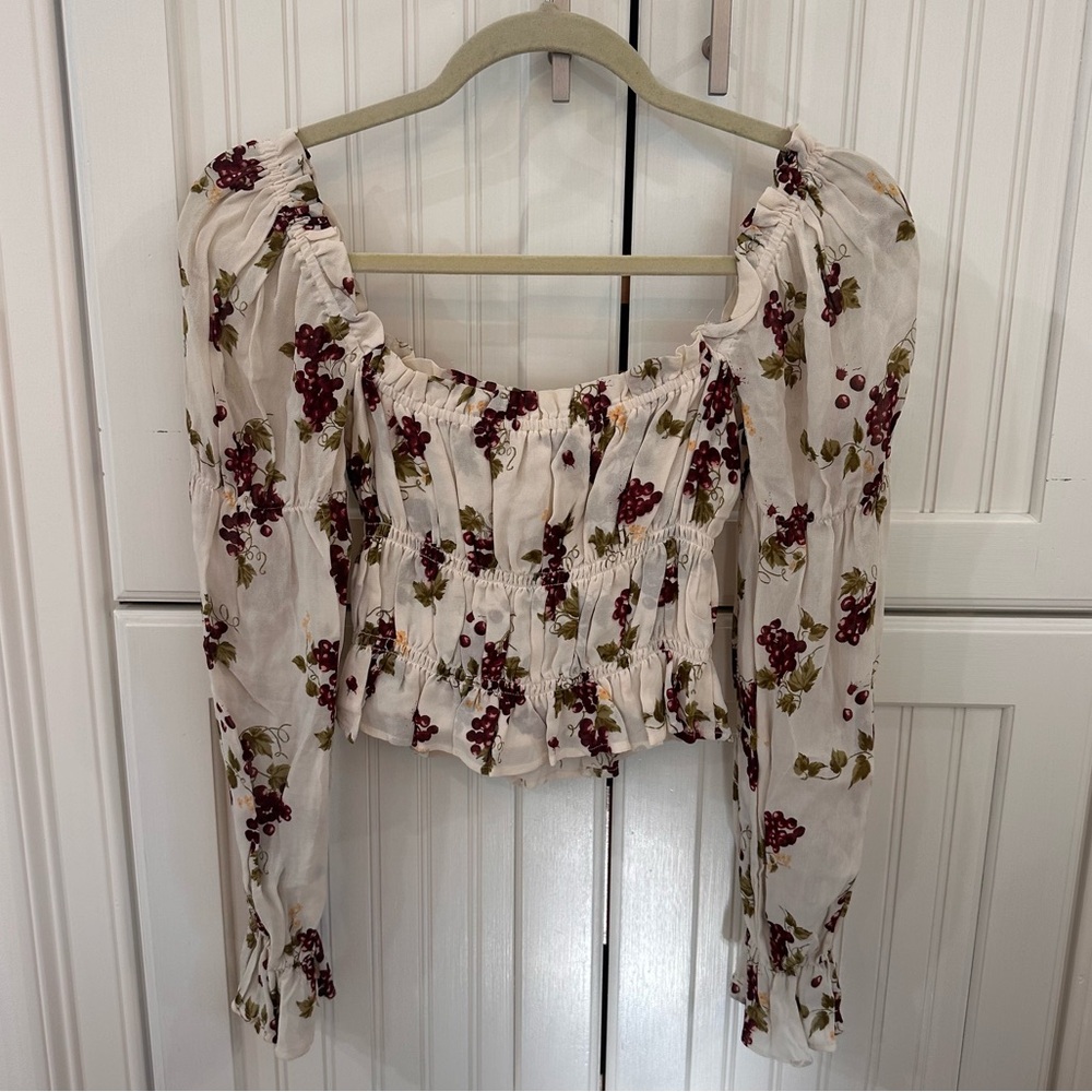 Reformation Cream and Brown Ruched Crop Blouse